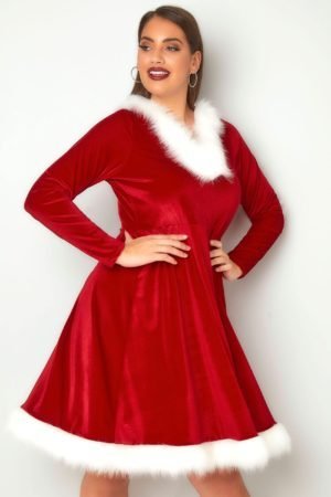 Mrs Claus style red dress with white fur trim.
