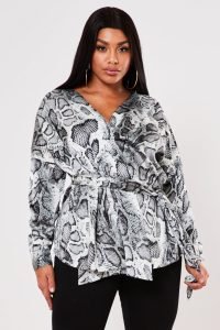 grey snake print tie wrap blouse