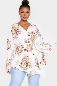 White Oriental Flowers Tie Waist Blouse