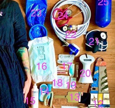 Items from a midwife's home birth kit