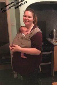 Hannah wearing her 5 week old in a stretchy Boba wrap