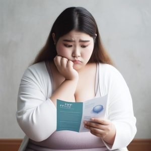Woman of east Asian heritage looking worriedly at a leaflet about IVF