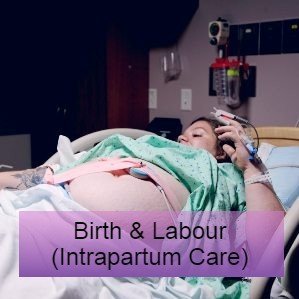 Woman led on a bed in labour, she's wearing a monitor on her stomach. birth and labourresearch and guidelines