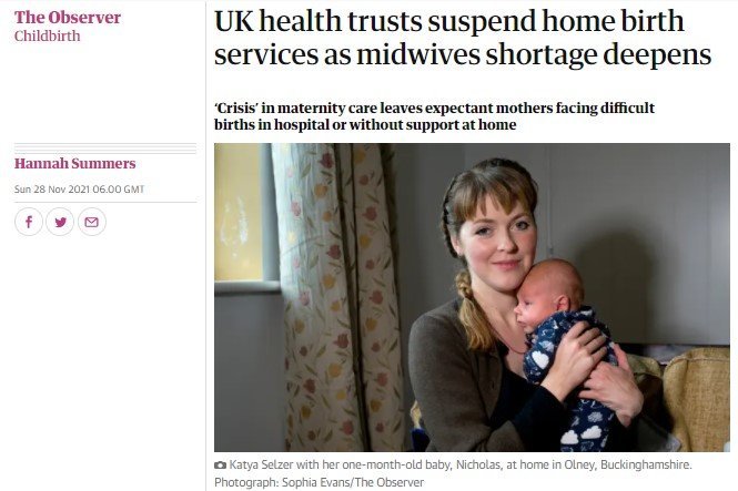 Image shows a woman holding a newborn to her chest, headline says "UK health trusts suspend home birth services as midwives shortage deepens"