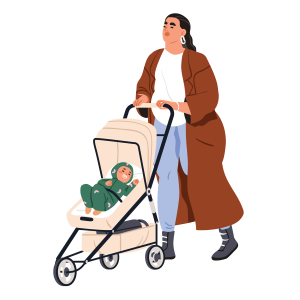 Voices for Choices Trafford Project Graphic of a woman wearing a long coat pushing a baby in a pram