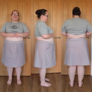 This practise skirt is an old bedsheet that I cut up. I did a ½” full tummy adjustment to accommodate my apron belly and I added 3/8” to the sides so it would have an A-line shape and balance my waist and hips, which are different by 3 sizes. I added 2” to the length so the hem landed on my knees. Pattern: Love Notions Allegro, size 3XL.