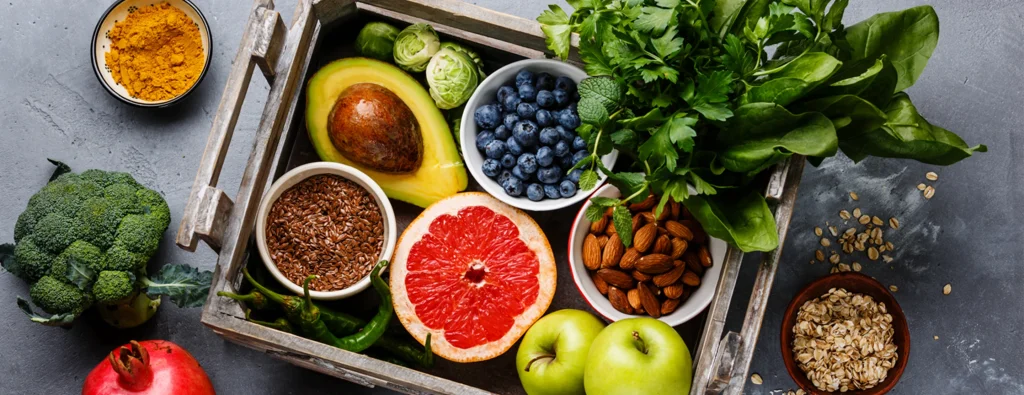 Colourful image of various fruits, vegetables and nuts