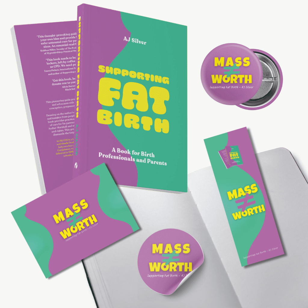 Photo collage of the contents of the Fat Birth Book Launch pack, including signed book, button badge, bookmark, postcard and stickers.