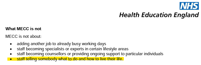 What MECC is not (from the MECC Resources Factsheet) with "staff telling somebody what to do and how to live their life" highlighted.