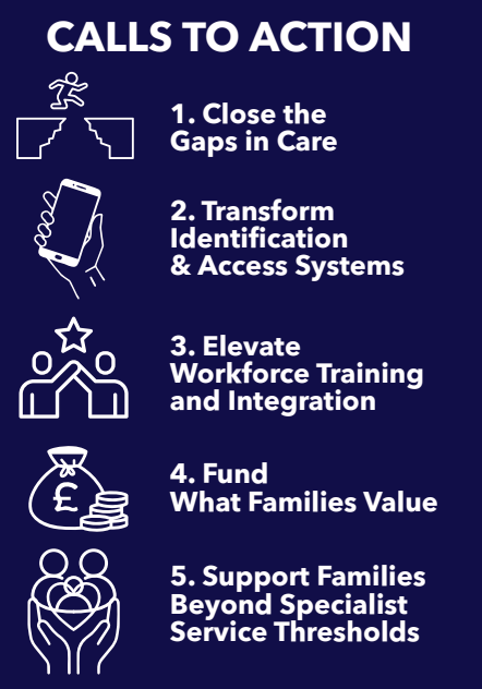 Infographic: Close the gaps in care. Transform identification and access systems. Elevate Workforce Training and Integration. Fund what families value. Support Families Beyond Specialist Service Thresholds