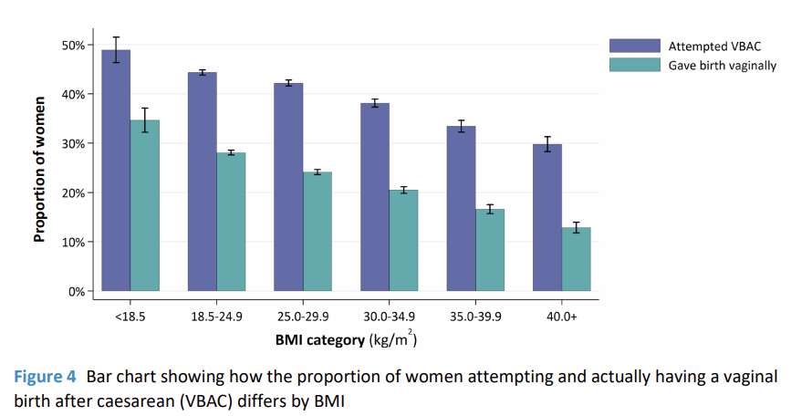 Statistics on vaginal birth after caesarean - from the RCOG BMI Over 30 Sprint Audit Report (2021)